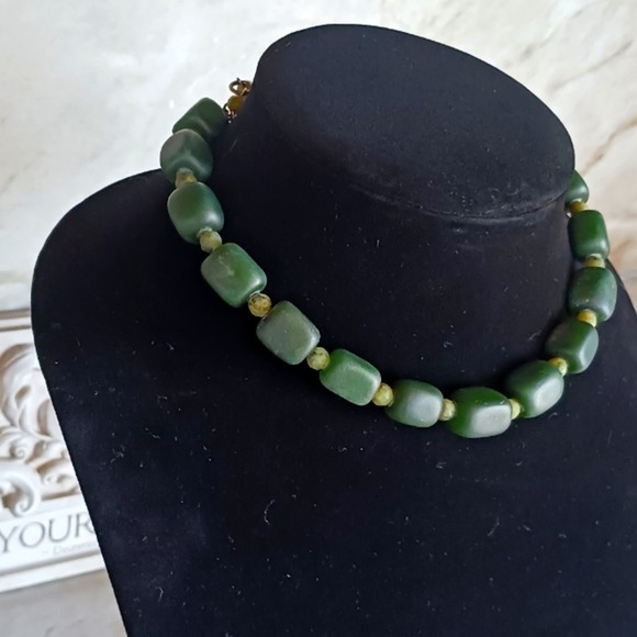 VNT RARE JADE Square Bead Necklace 925 Silver Dark Green + Light Green Beveled - Picture 8 of 14